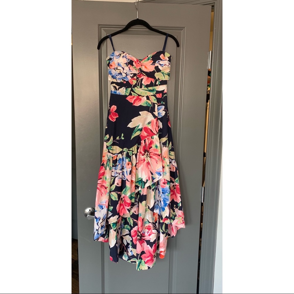Eliza J Strapless floral high low dress